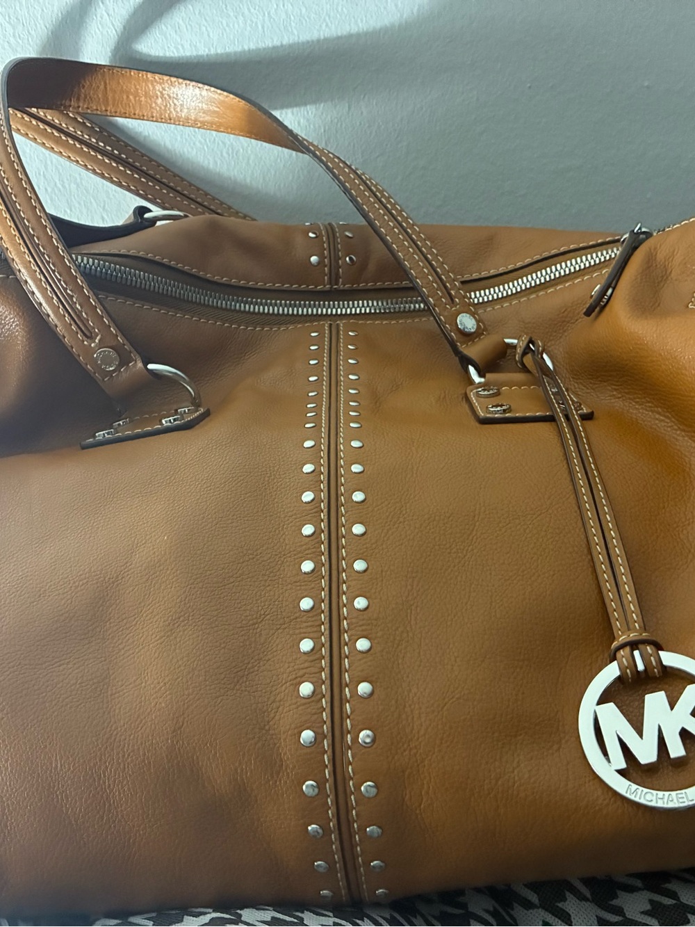 Michael Kors Caramel Leather Studded Tote with MK Charm